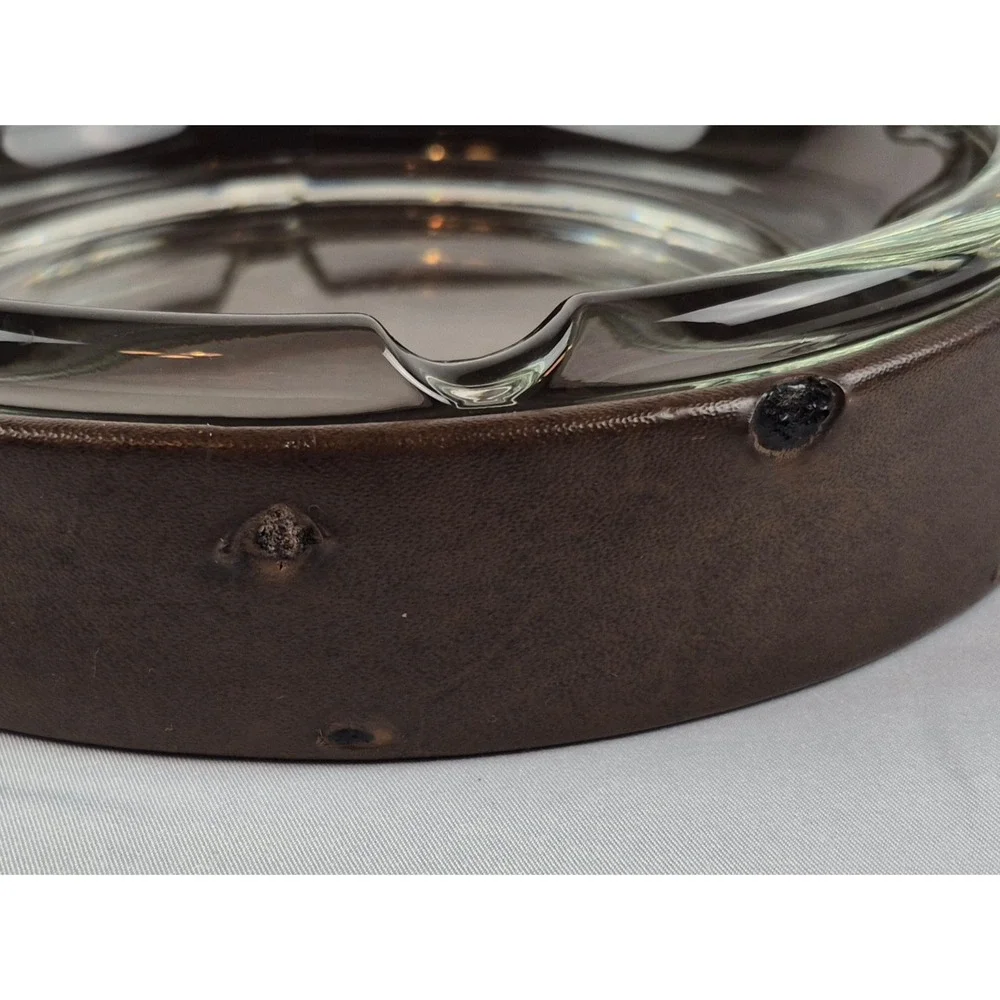 Vintage MCM Glass Ashtray Faux Leather Holder Heavy‎ Brown Bar Decor 8.25 - Picture 5 of 7